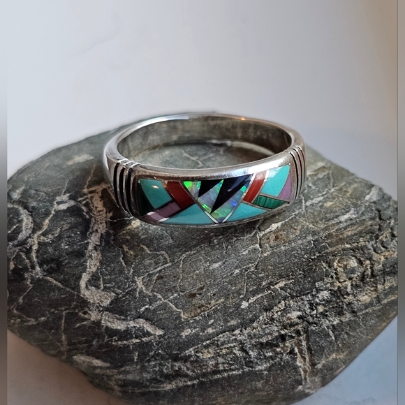 Navajo Ring, Multi Stone Inlayed, Sterling Silver. Artist: Steve Fransico EUC! - Picture 5 of 11